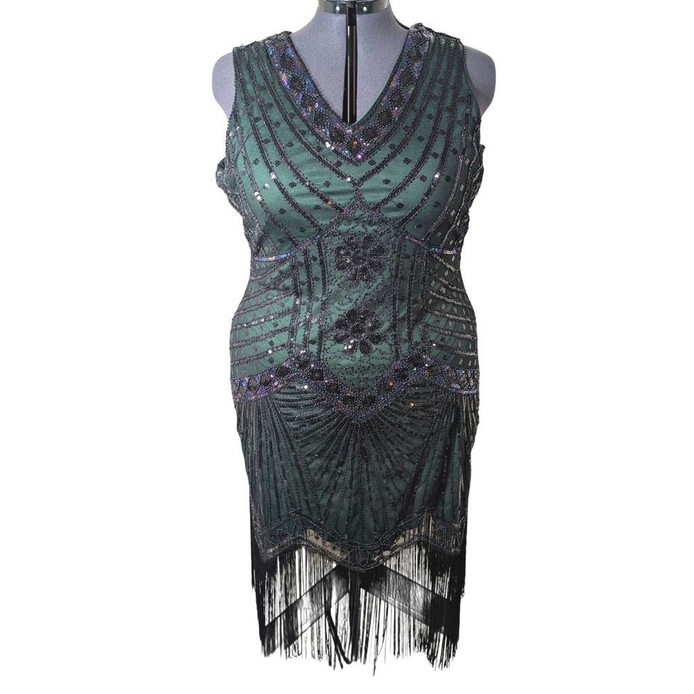 BABEYOND Flapper V Neck Fringed Cocktail Dress Green & Black 4X (Fits 2X-3X)